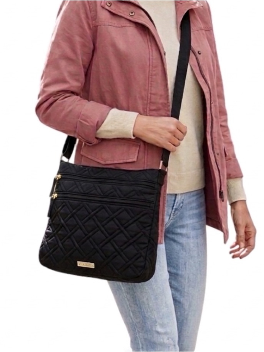 Vera Bradley Triple 
 Zip Hipster Crossbody
Bag Black Quilted Performance Twill